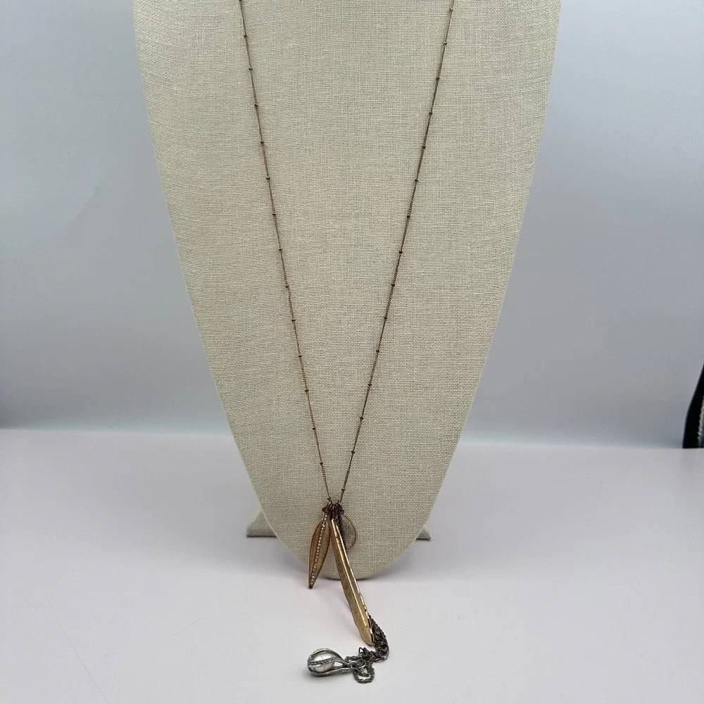 Vintage Y2K Feather Charm Rhinestone Faux Pearl Pendent Necklace Fashion Jewelry